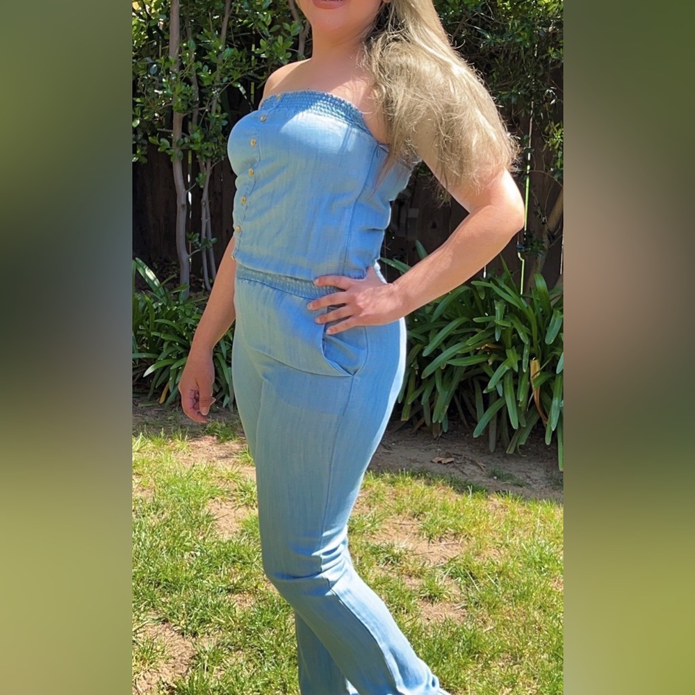 American Rag blue denim strapless jumpsuit size XS